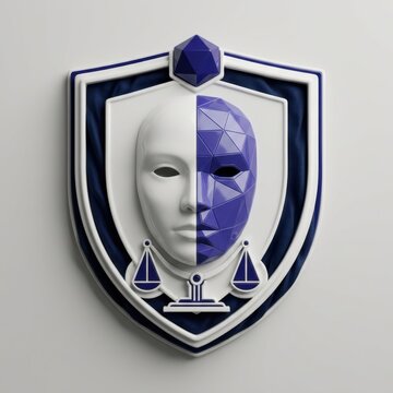 Emblem with split mask, half human and half geometric, symbolizing digital justice
