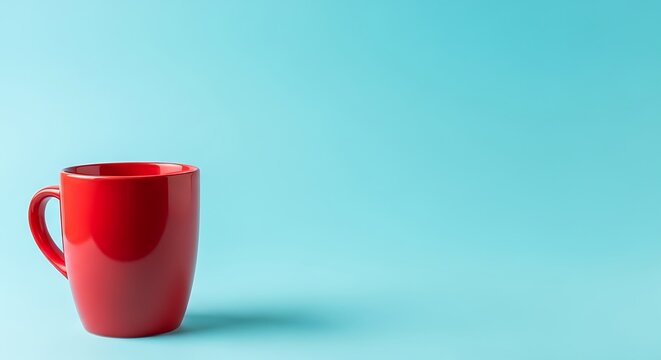 A single bright red ceramic mug isolated on a solid light blue background