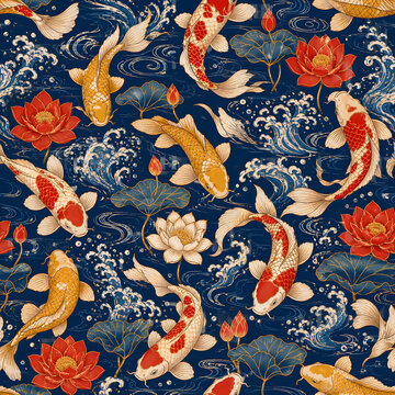 Seamless Japanese Koi Fish Pattern in Blue And White Colors