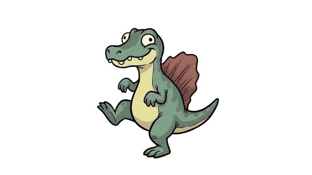 A funny 2D animated spinosaurus dinosaur character with crazy eyes dancing happily on a clean white background. Great for prehistoric themes, children's cartoons, educational media, and animated chara