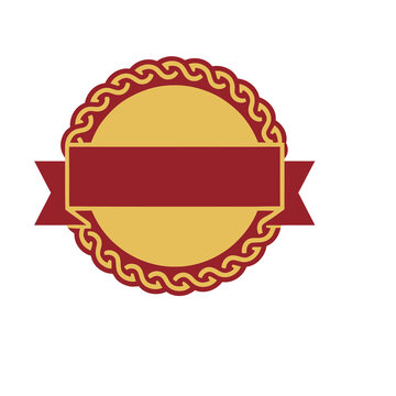 Red and gold circular badge with ribbon