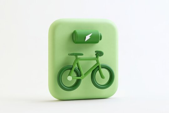 3D icon of a bicycle with an electric battery sign isolated on white background. Eco friendly urban transport transit concept.