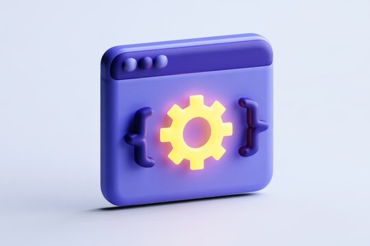 3D coding bracket window icon with a glowing gear isolated on white background. Matte claymorphism style software development web programming.