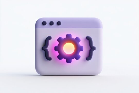 3D coding bracket window icon with a glowing gear isolated on white background. Matte claymorphism style software development web programming.