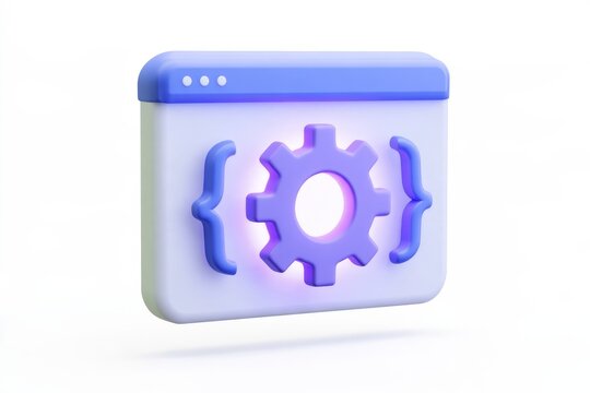 3D coding bracket window icon with a glowing gear isolated on white background. Matte claymorphism style software development web programming.