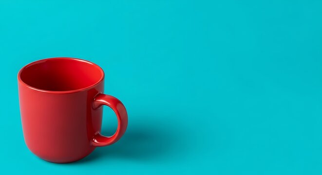 A single empty red ceramic coffee mug isolated on a solid bright cyan background