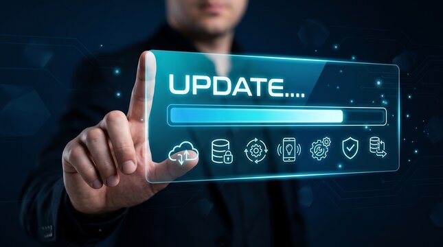 Business executive using a futuristic glass interface to monitor software update status and technical support icons for efficient corporate infrastructure maintenance