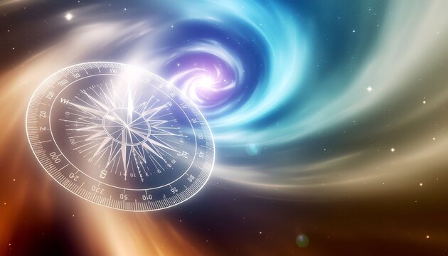 A vibrant depiction of a mystical compass surrounded by swirling cosmic lights and colorful nebulae illustrating navigation through the universe and exploration of celestial phenomena