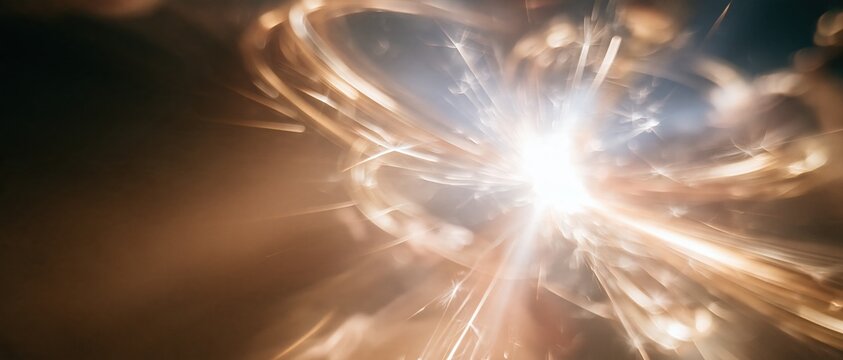 Luminous burst of amber and rose light streaks fanning across a dark background with copy space for holiday greetings