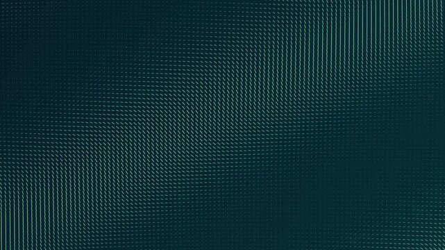 Thousands of evenly organized short dashes tilt, stretch and shift under a broad traveling tide, forming a teal and green data field across a deep navy background in a seamless ten second animation.