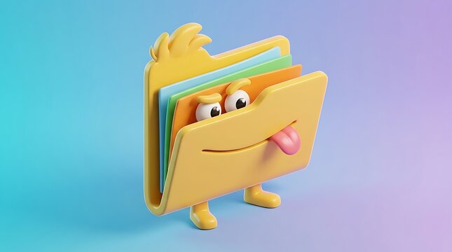 Cheerful 3D Yellow Folder Character with Googly Eyes and Playful Tongue, Holding Colorful Documents.