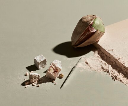 Giant pistachio nut with papery skin and matte kernel, resting near Turkish delight cubes and a thin knife for confectionery advertising