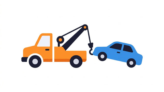 Tow truck towing broken blue car on white background vector illustration