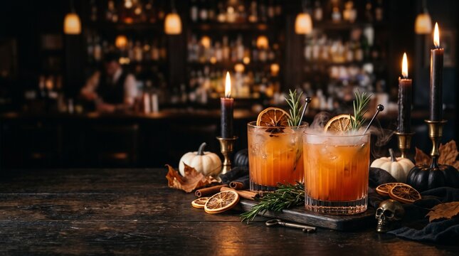 A spooky halloween cocktail party still life featuring orange drinks pumpkins and a blurred bar background