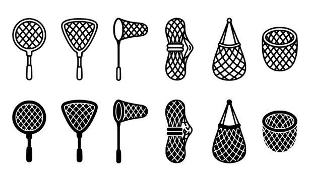 Fishing Net Solid Glyph and Outline Vector Icon Collection