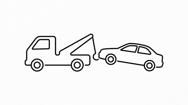 Tow truck towing broken car minimal outline icon isolated on white background
