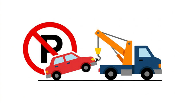 Tow truck towing red car away beside no parking road sign vector illustration