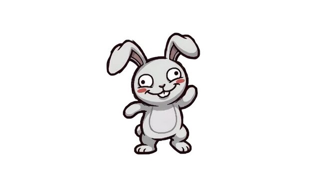 A funny 2D animated white bunny character dancing with excitement on a white background. Great for children's educational media, web banners, holiday graphics, and animated character design.