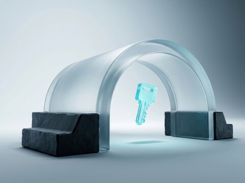 Translucent glass archway with dark pedestals and glowing floating key