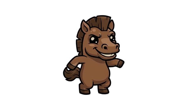 A cheerful 2D animated brown horse character dancing joyfully on a clean white background. Ideal for farm animal content, children's books, educational videos, and cartoon mascot elements.