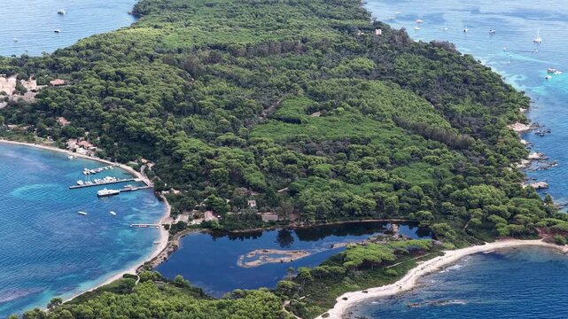 Aerial view of Ile Sainte-Marguerite and coastal waters, France.