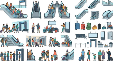 Fototapeta premium Flat vector illustration set of airport subway station passengers riding escalators checking luggage security gates and transit terminal elements