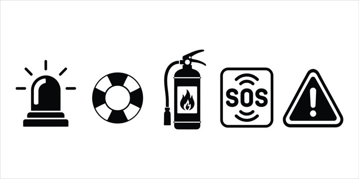 Set of five emergency and disaster safety icons on white background with safety symbols alarm light life buoy fire extinguisher sos alert warning triangle emergency signal danger sign