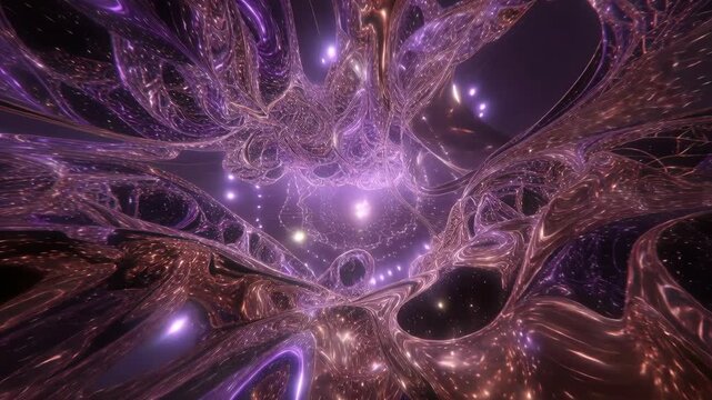 Abstract flowing light forms in purple and copper create a cosmic tunnel on a dark background, suggesting energy and motion