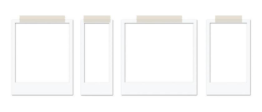Set of four blank photo frames with adhesive tape, different sizes and aspect ratios, realistic polaroid style templates, isolated on transparent background