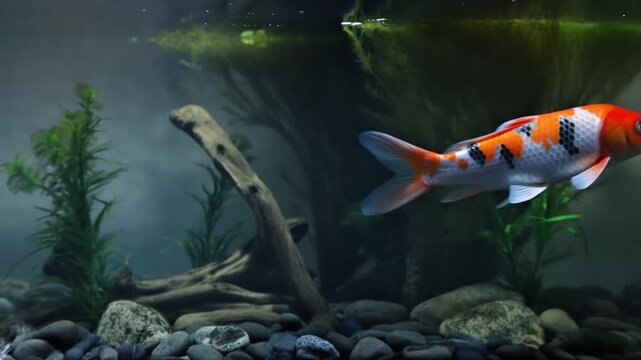 A vibrant orange and white patterned koi fish swimming gracefully inside a clear aquarium filled with river rocks, driftwood, and green aquatic plants.