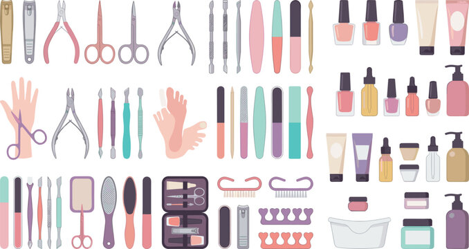 Flat vector illustration set of professional manicure pedicure tools nail polish cosmetics salon accessories and foot hand care elements