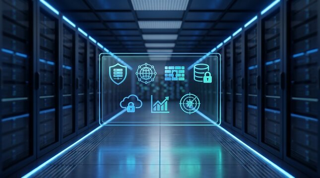 Advanced server room interior with glowing blue digital holographic interface panel displaying cybersecurity and network infrastructure icons for data center management and system security