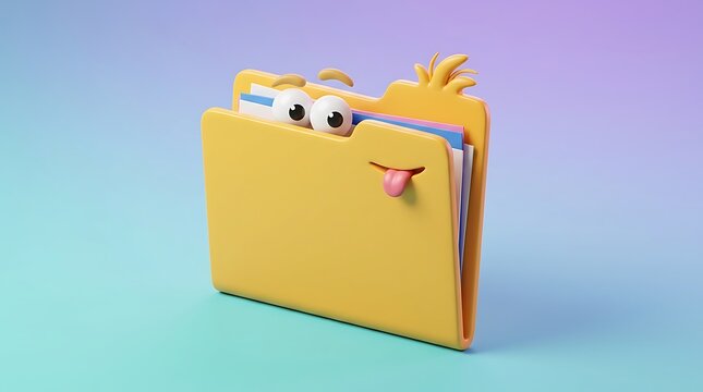 Whimsical 3D Yellow Folder Mascot with Googly Eyes, Playful Tongue, and Colorful Papers on Gradient