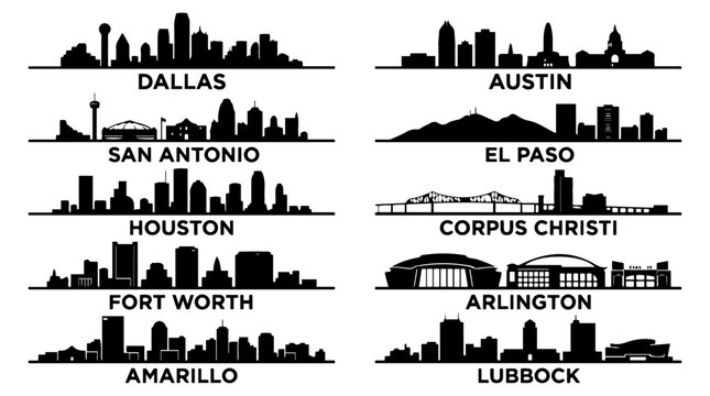 Texas City Skylines Silhouette Collection Vector Illustration Set