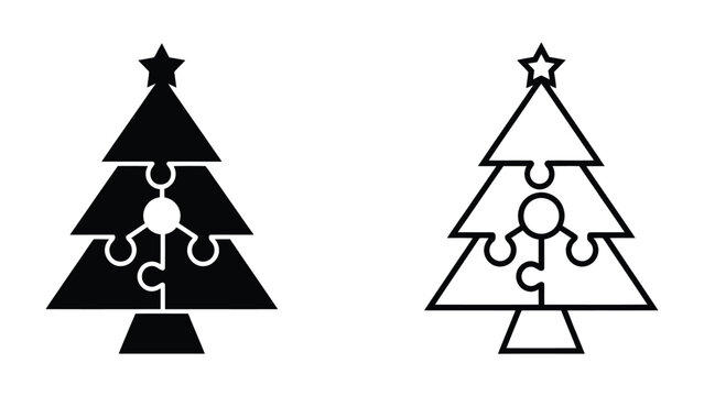 Christmas Tree Puzzle: Two stylized Christmas trees, one solid black and the other an outline, feature puzzle pieces forming their branches, representing holiday problem-solving or festive assembly.
