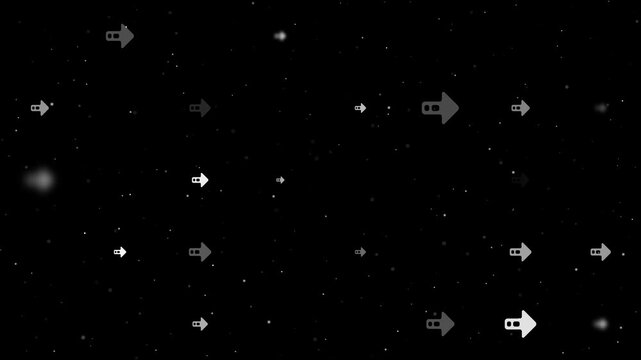 Template animation of evenly spaced right arrow symbols of different sizes and opacity. Animation of transparency and size. Seamless looped 4k animation on black background with stars