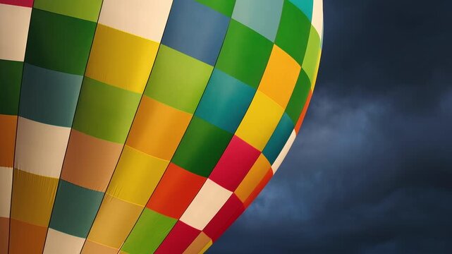 Colorful checkered hot air balloon inflating in foreground with second distant balloon flying against dark dramatic storm clouds background, aerostat festival flight in cloudy overcast sky, 4K shot