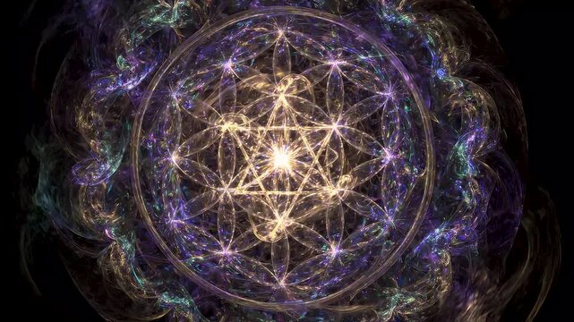 Sacred geometry flower of life with merkaba symbol at center radiating light embodying spirituality and cosmic connections.