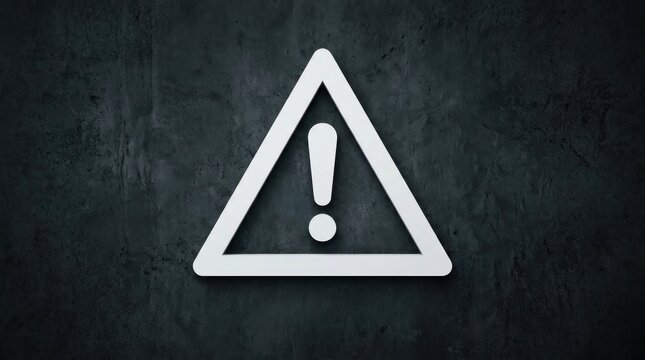 A white exclamation mark triangle symbol is prominently displayed against a dark gray, textured background.