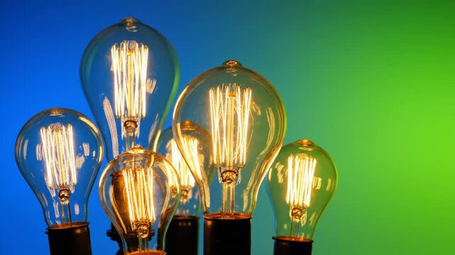 Decorative Filament Lightbulbs Illuminated Against a Colorful Gradient Background for Energy Concepts