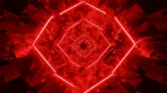 Deep inside a glowing red digital tunnel creating a futuristic experience Repeating geometric shapes define the perspective.