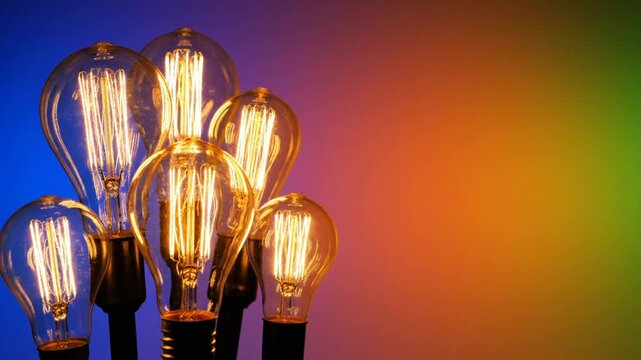 Decorative Light Bulbs Glowing with Warm Light Against a Rainbow Colored Background