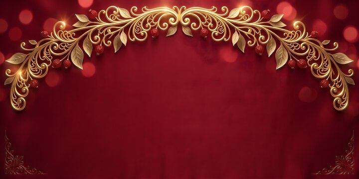 Golden Leafy Floral Arch Ornament Border Framing Deep Red Background with Bokeh Sparkles