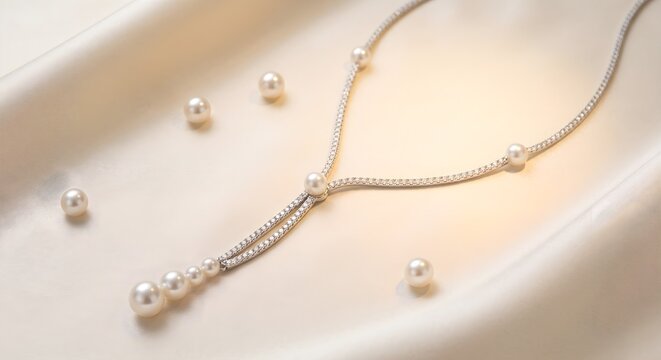 Delicate Silver Drop Necklace with Pearl Accent Laid Gracefully on Smooth White Silk Fabric