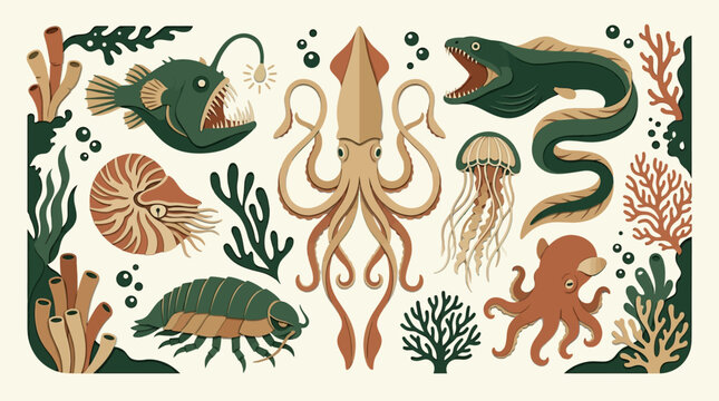 Vintage style illustration of deep sea creatures including squid, octopus, anglerfish, eel, jellyfish, nautilus and trilobite among seaweed and coral