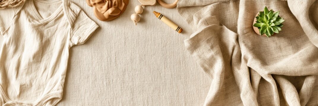 Childrens products include cotton onesie, rubber toy, wooden teether, beeswax crayon, and a blanket on linen surface with a succulent.