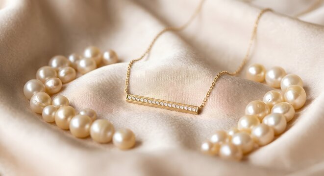 Gold Bar Pendant Necklace Framed by Pearl Strand on Smooth Champagne Satin Fabric