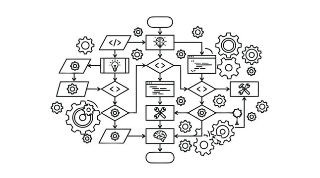 Vector illustration of complex software development process flowchart with gears on a transparent background