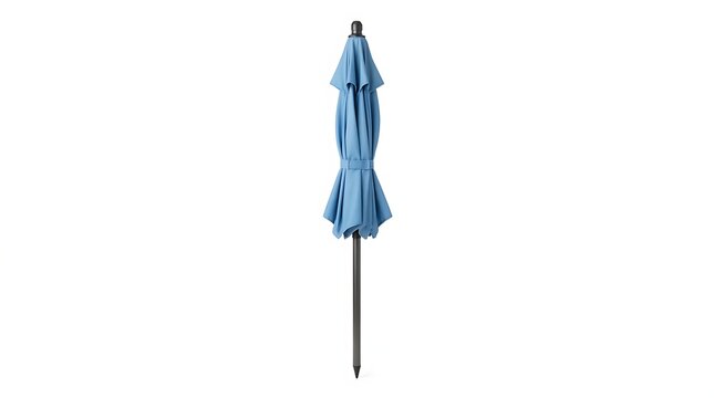 A closed blue patio umbrella on a white background