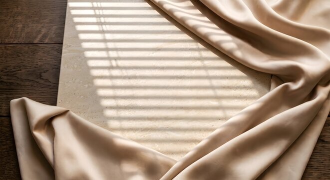 Smooth Light Beige Satin Fabric Draped Under Window Blind Sunlight Shadows